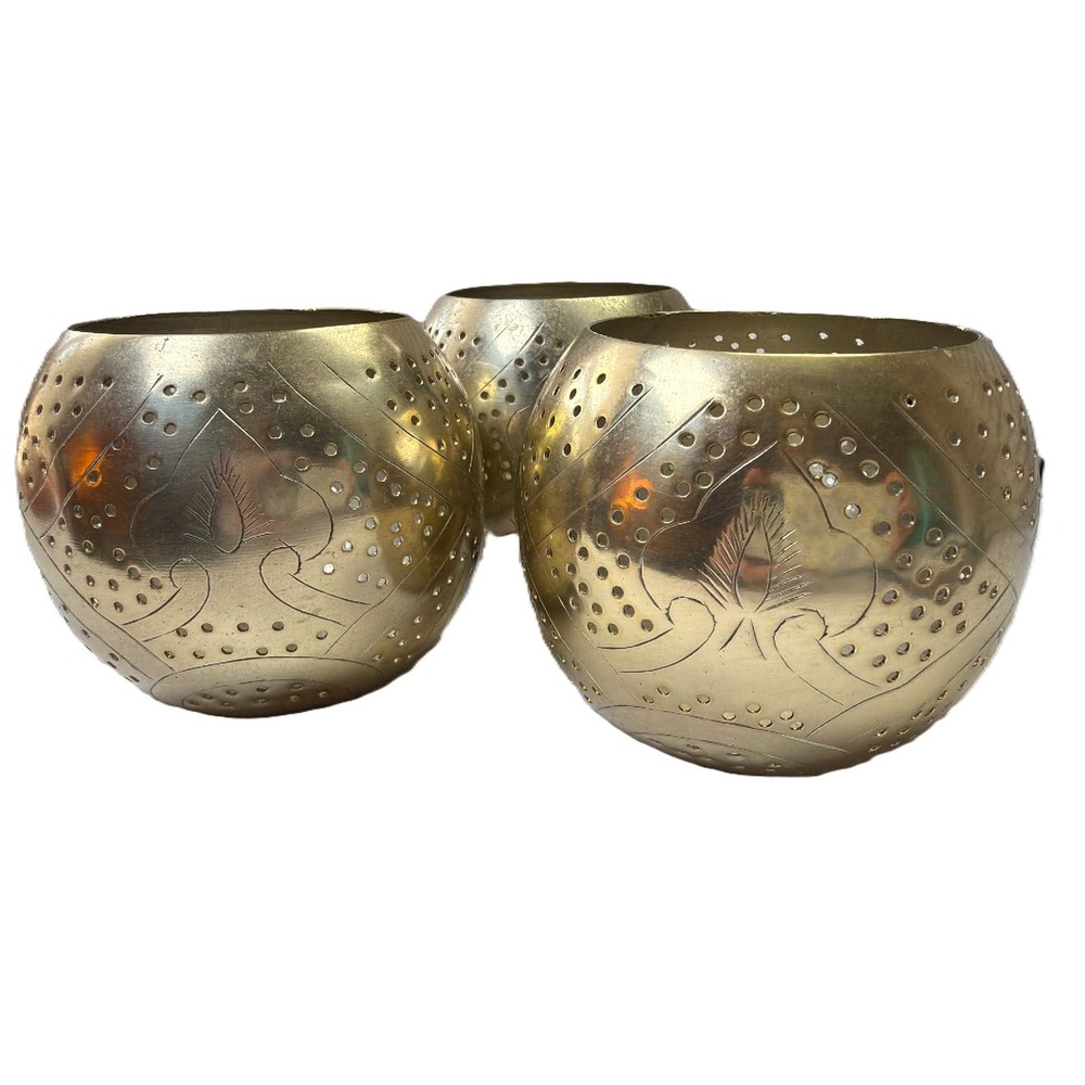 Vintage Etched and Pierced Votive Holders Light Brass Set of 3 Boho